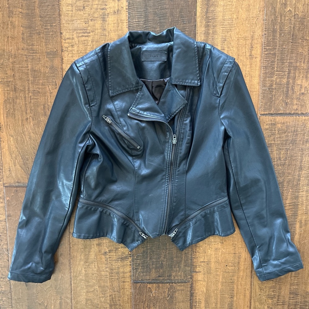 Blank NYC vegan leather biker jacket with diagonal zipper, zipper detail waist